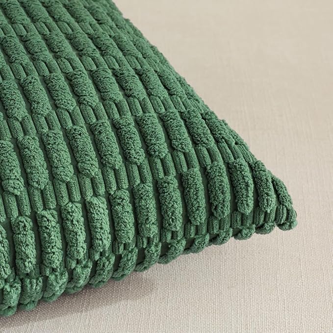 Fancy Homi 2 Packs Emerald Green Decorative Throw Pillow Covers 14x14 Inch for Living Room Couch Bed Sofa, Christmas Home Decor, Soft Striped Corduroy Square Cushion Case 35x35 cm
