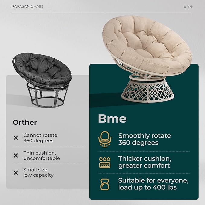 Bme 40" Ergonomic Wicker Papasan Chair with Soft Thick Cushion & Frame, 360° Swivel, Circle, Reading, Comfy Chair for Living Room, Bedroom