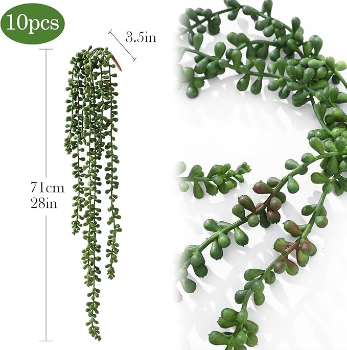 10 Pcs Artificial Succulents Hanging Plants, Fake String of Pearls Greenery Plants, Decoration for Wall Home Backdrop Garden Windows Balcony Indoor and Outdoor (10PCS Green)