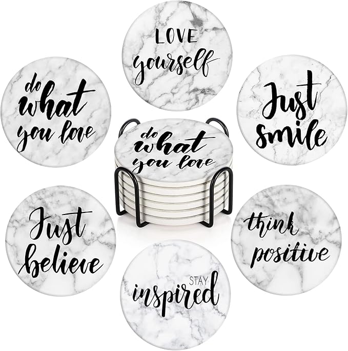 Britimes Coaster for Drinks Set of 6, Marble What You Love Inspirational Absorbent Round Ceramic Stone Mat, with Cork Base and Metal Holder, Gift for Housewarming Room Bar Decor