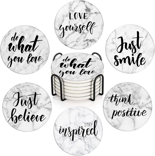 Britimes Coaster for Drinks Set of 6, Marble What You Love Inspirational Absorbent Round Ceramic Stone Mat, with Cork Base and Metal Holder, Gift for Housewarming Room Bar Decor