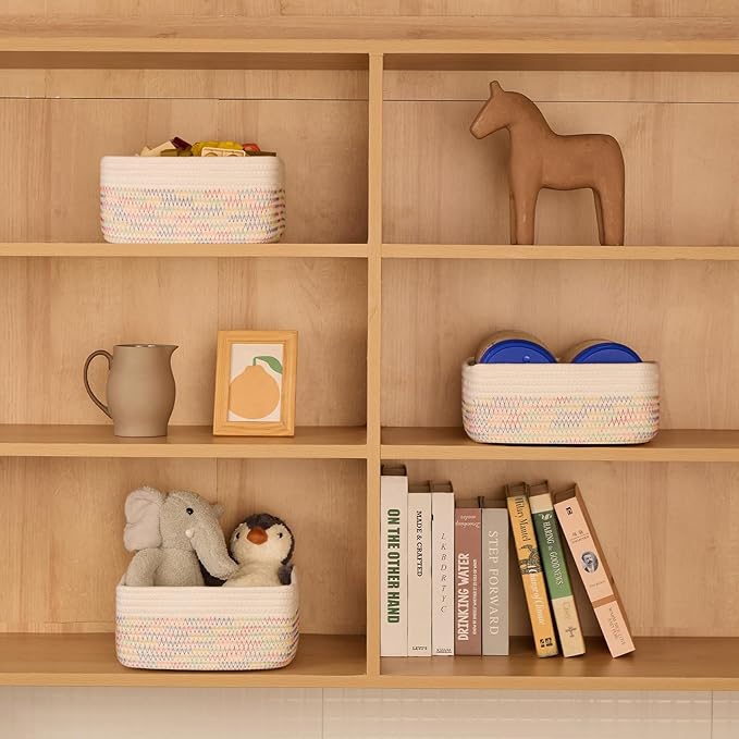 Small Square Shallow Baskets for Organizing, 9.7x9.7x4.3 Inch Rope Woven Storage Bins for Cubes Closet, Shelves Storage, Boho Decorative Basket, 2 Packs Off White Rainbow