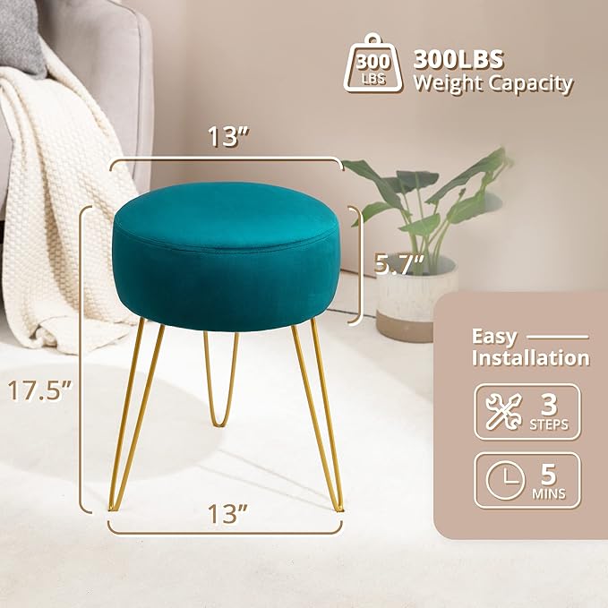 LUE BONA Vanity Stool, Teal Vanity Stools for Makeup Room, Round Ottoman Foot Stool, Velvet Footrest Vanity Chair for Bathroom Vanity, Bedroom, Living Room, Entryway, Offices