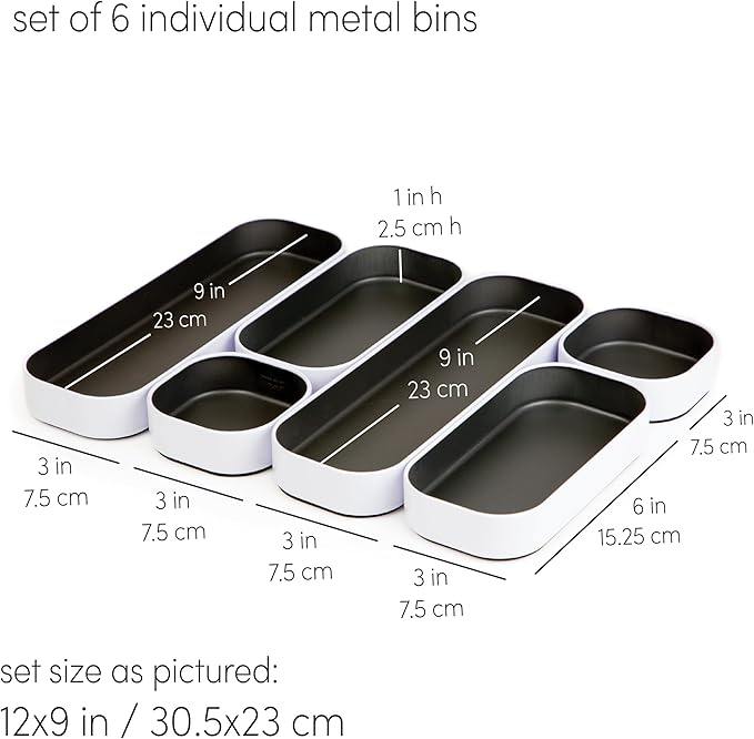 Three by Three Seattle 6 Piece Metal Stacking Bins + Drawer Organizers Set: Elevate Your Desk Organization with Playful Stackable Metal Organizers: Fun, Functional, and Stylish (Gray)