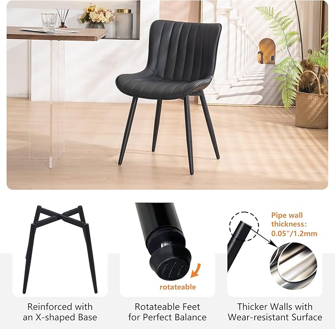 YOUNUOKE Black Dining Chairs Set of 2, Mid-Century Modern Faux Leather Upholstered Armless Kitchen Chairs, Metal Legs, 300 LBS Capability, Minimalist Accent Chair for Living Room