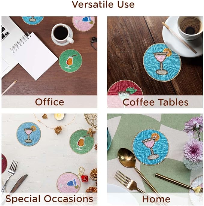 Folkulture Boho Coasters for Drinks or Coffee Table | 4" Cute Cocktails Coasters Set of 4 for Farmhouse Decor | Square Decorative Coaster Set for Table Decorations