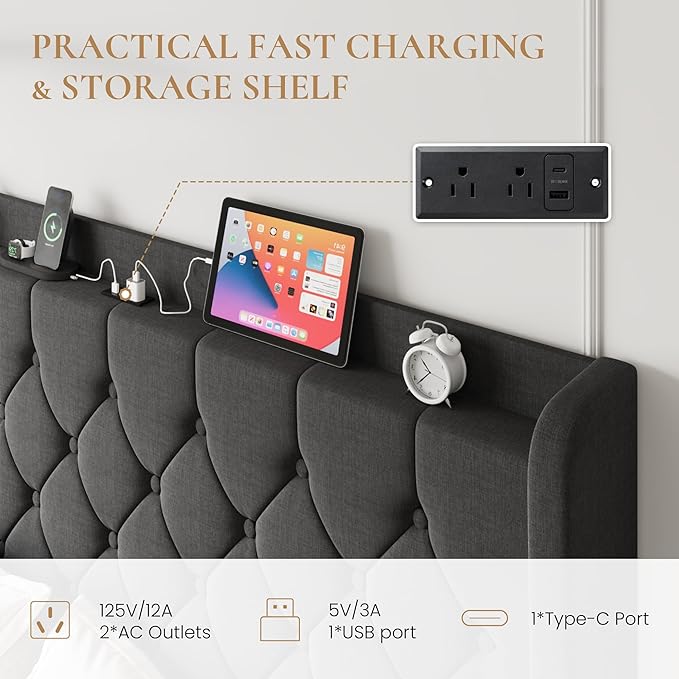 SHA CERLIN Full Size Platform Bed Frame with Charging Station, Velvet Wingback Headboard with Storage shelf, Wooden Slats Support, Ample Under-Bed Space, No Box Spring Needed, Easy Assembly, Dark Grey