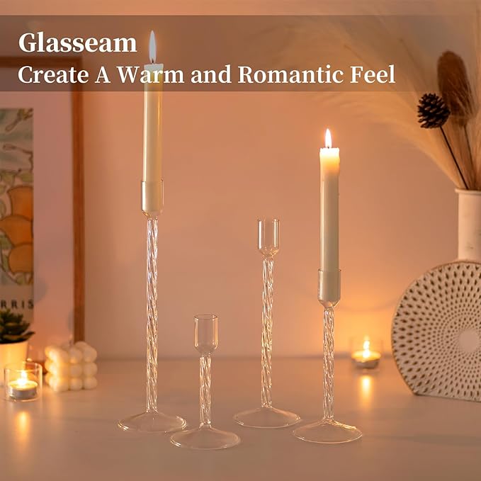 Glasseam Glass Candlestick Holders Clear: Taper Candle Holders Set of 4 Tall Candle Stick Candle Holder for Tapered Candles Decorative Candle Holders for Table Centerpiece Wedding Christmas Home Decor