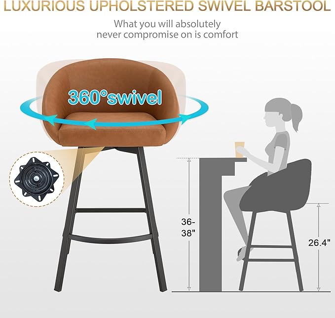 Zesthouse Swivel Counter Height Stools Set of 4, Modern Barrel Bar Stools for Kitchen Island, 26" Upholstered Kitchen Counter Height Barstools with Barrel Arms & Back, Brown Faux Leather Bar Chairs