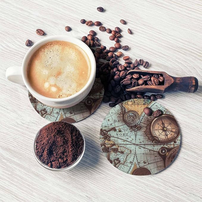 Antique Pirate Rare Items Cup Coasters for Table Retro Compass Vintage Skeleton Key World Map Adventure Reusable Drink Coasters Set 2 Pcs Coffee Home Farmhouse Living Room Bar Decor