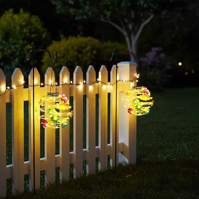 2 Pack Solar Lanterns Outdoor Waterproof , 30LED Hanging Lights with Flower Patterns for Garden Patio Yard Decor, Gift for Grandma Gardeners Women