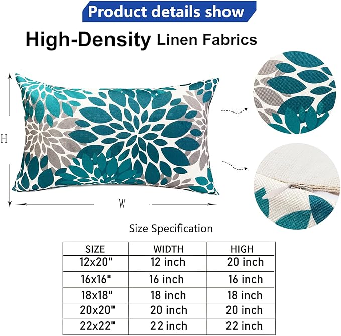 Decorative Throw Pillow Covers Set of 2 Teal Blue Pillow Covers 12x20 Inch Couch Pillow Covers for Sofa Living Room Outdoor Throw Pillow Cover Linen Floral Flower Farmhouse Pillowcase