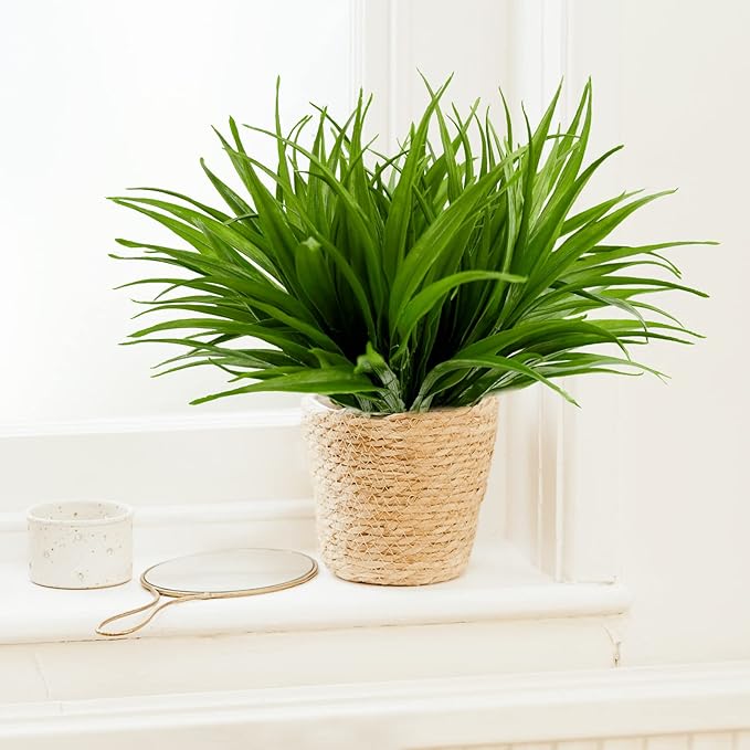 24Pcs Artificial Grass Plant Fake Outdoor Plastic Plants UV Resistant Faux Grasses Greenery Shrubs for Window Box Garden Patio Porch Home Decor Green