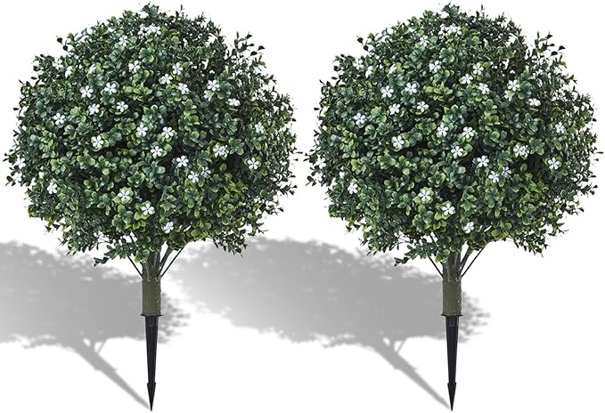 Artificial Boxwood Topiary Shrub with White Flowers,Set of 2 Artificial Boxwood Ball Bush with Metal Spike, UV Resistant Realistic Faux Shrubs for Garden, Yard, Patio, Porch Outdoor Decor