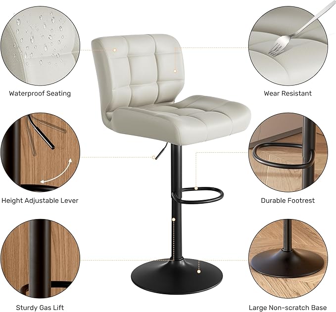 Modern Bar Stools Set of 6, Faux Leather Upholstered Swivel Bar Stools, Adjustable Counter Height Bar Chairs with High Back and Footrest for Kitchen Island (Khaki)