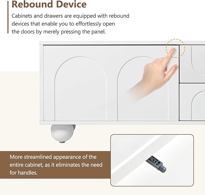 Merax Cream Style TV Stand with Arched Doors & 2 Drawers for TVs up to 75", Minimalist Media Console with Rebound Device, Entertainment Center with 5 Iron Round Legs for Living Room, Bedroom, White