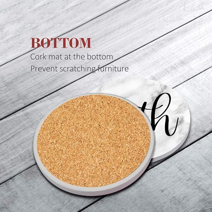 Britimes Coaster for Drinks Set of 6, White Marble Inspirational Love Absorbent Round Ceramic Stone Mat, with Cork Base and Metal Holder, Gift for Housewarming Room Bar Decor