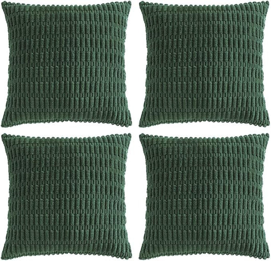 Fancy Homi Set of 4 Dark Green Boho Decorative Throw Pillow Covers 24x24 Inch for Couch Bed Sofa, Aesthetic Modern Bohemian Room Decor, Soft Fuzzy Fluffy Cozy Corduroy Textured Cushion Case 60x60cm