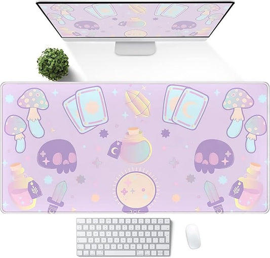 Kawaii Purple Desk Mat,Cute Witchy Elements Mouse Pad, Desk Pad Mystical Goth,XXL Gamig Desktop Mat,Extended Keyboard Mousepad Large for Computer Laptop,Girl Gamer Desk Decor 31.5''x15.7''