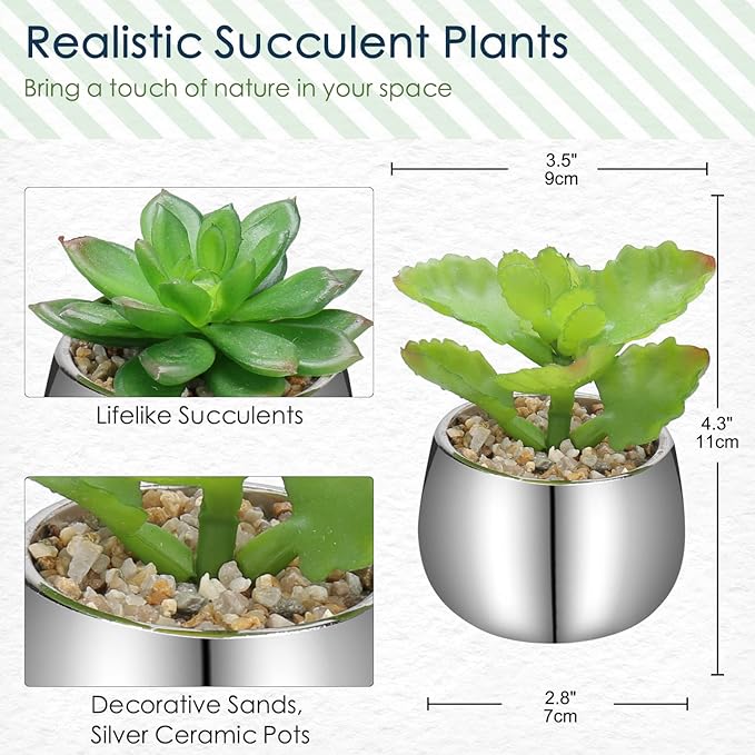 Briful Small Artificial Succulents in Pots Set of 2 Realistic Faux Succulents Plants with Silver Ceramic Pots Cute Mini Fake Plants Decor for Modern Home Table Office Desk Bathroom Shelf Decoration