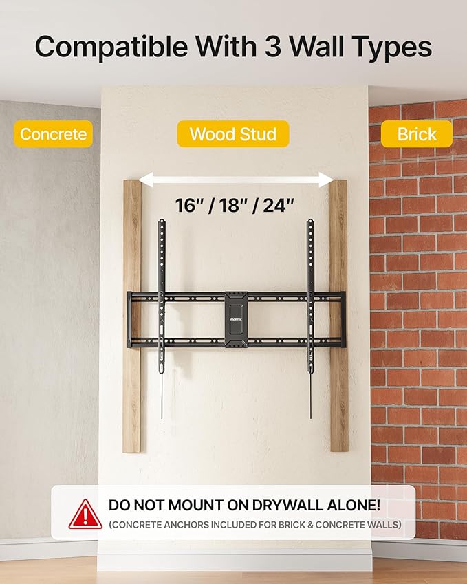 monTEK Heavy Duty Fixed TV Wall Mount for 43–100 Inch TVs up to 200 lbs, 1.2" Ultra Slim Low Profile Wall Mount Bracket, Max VESA 800x600mm, Fits 16"/18"/24" Wood Studs, Secure Space-Saving Design