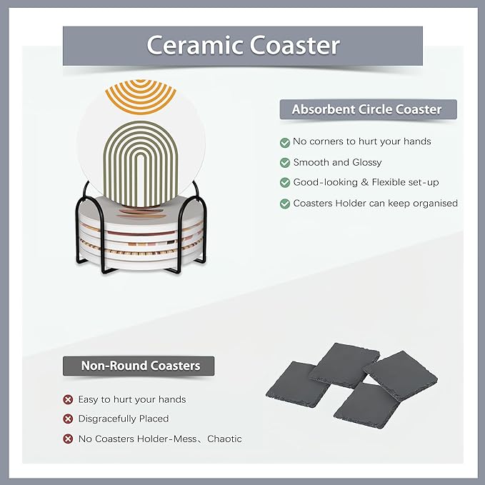 6 Pcs Coasters for Drinks with Holder,Minimalist Geometric Boho Absorbent Coaster with Cork Backing,Great Gift for Housewarming,Room Decor,Bar,Holiday Party