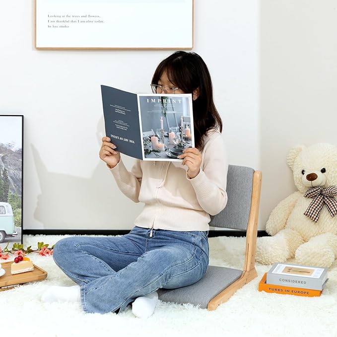 HollyHOME Foldable Japanese Style Floor Chair with Back Support, Wood Legless Tatami Chair with Cushion, Accent Meditation Seat for Bay Window, Living Room, Bedroom, Light Grey