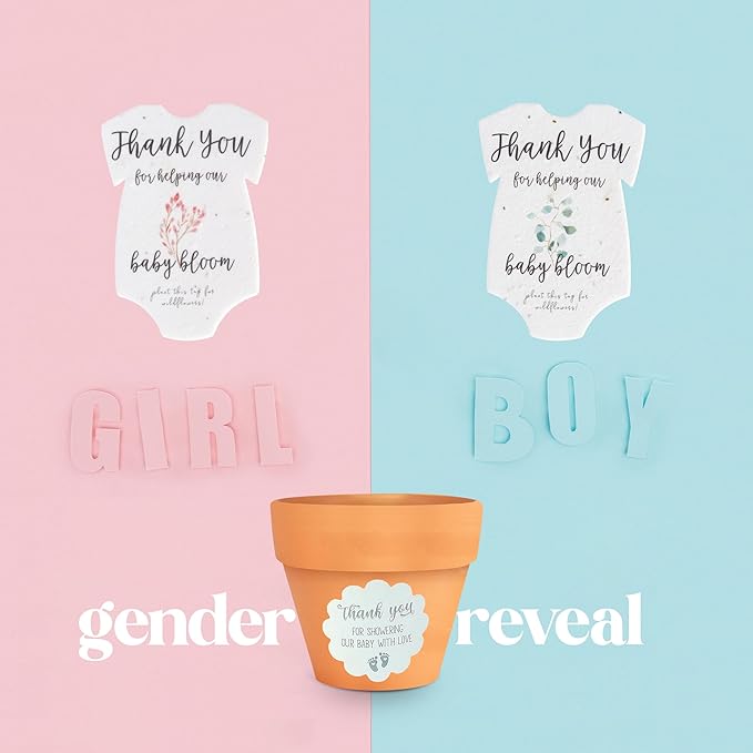 Set of 6 Seed Paper – 6 Green Onesie & 6 Orange Pots with Stickers for Baby Shower, Gender Reveal, Birthday, Mother's Day & Other Milestone Celebrations