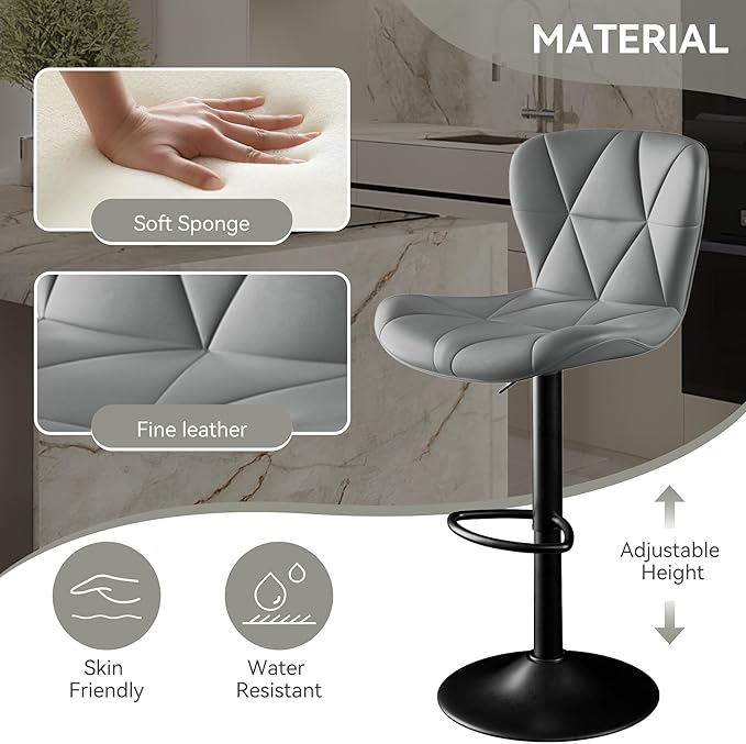 Bar Stools Set of 6,Adjustable Swivel Barstools, Faux Leather Bar Chairs,Upholstered Counter Height with High Backrest for Kitchen Island, Grey