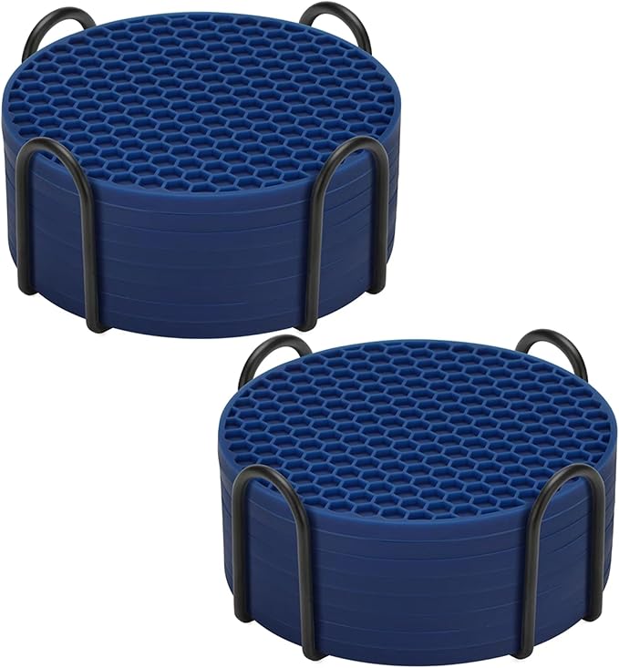 Silicone Coaster Set of 16 with Holder, Drinks Coasters, Suitable for All Cups, Hot or Cold, Anti-Slip, Non-Stick, Anti-Overflow Tabletop Protection and Decor (Navy Blue, 16 Pcs)