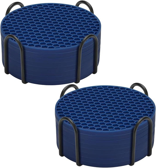 Silicone Coaster Set of 16 with Holder, Drinks Coasters, Suitable for All Cups, Hot or Cold, Anti-Slip, Non-Stick, Anti-Overflow Tabletop Protection and Decor (Navy Blue, 16 Pcs)