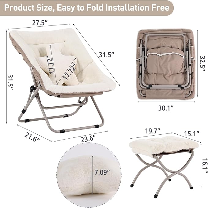 Welnow Comfy Saucer Chair with Ottoman, Oversized Folding Reading Chair for Adults with Throw Pillow Soft Faux Fur Lounge Chair for Bedroom Furry Accent Chair for Living Room, Dorm Rooms, Beige