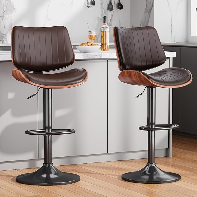 Swivel Bar Stools Set of 3, Adjustable Bentwood Barstools for Kitchen Counter, Modern PU Leather Upholstered Bar Chair with Back and Footrest, for Kitchen Island, Bar, Dining Room, Brown