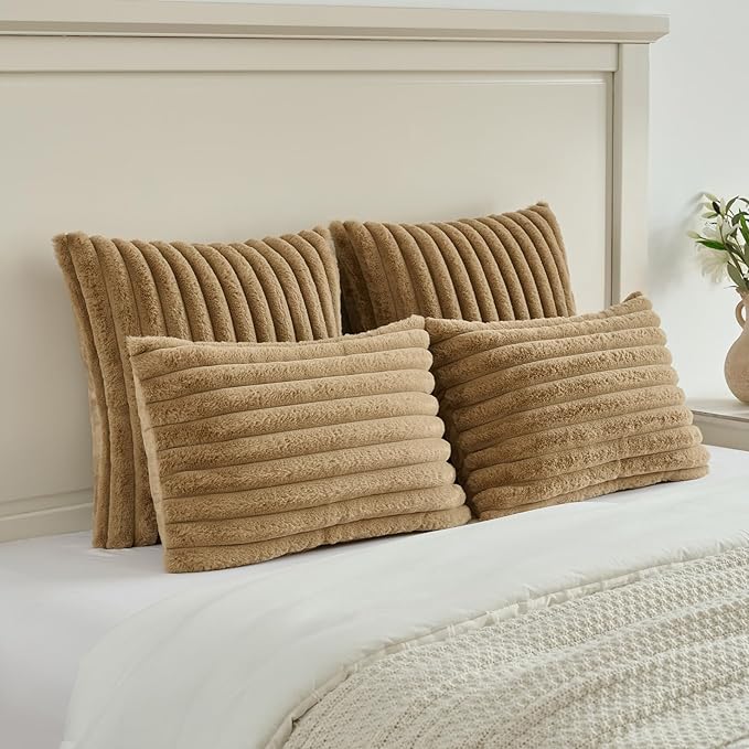 FUTEI Camel Striped Decorative Throw Pillow Covers 18x18 Inch Set of 2,Square Fall Decorations Couch Pillow Case,Soft Cozy Faux Rabbit Fur & Velvet Back,Modern Home Decor for Bed