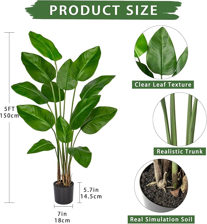 Hollyone Large Bird of Paradise Artificial Plant in Pot 5FT Tall Fake Bird of Paradise Plant Faux Tropical Palm Tree Faux Plantain Banana Leaf for Indoor Outdoor Home Office Garden Decor, 13 Leaves
