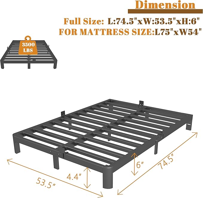 6 Inch Full Size Bed Frame with Metal Gaskets, Black Full Bed Frame No Box Spring Need, Heavy Duty Steel Platform Support, Reserved Holes, Round Corner Legs, Easy Assembly, Noiseless