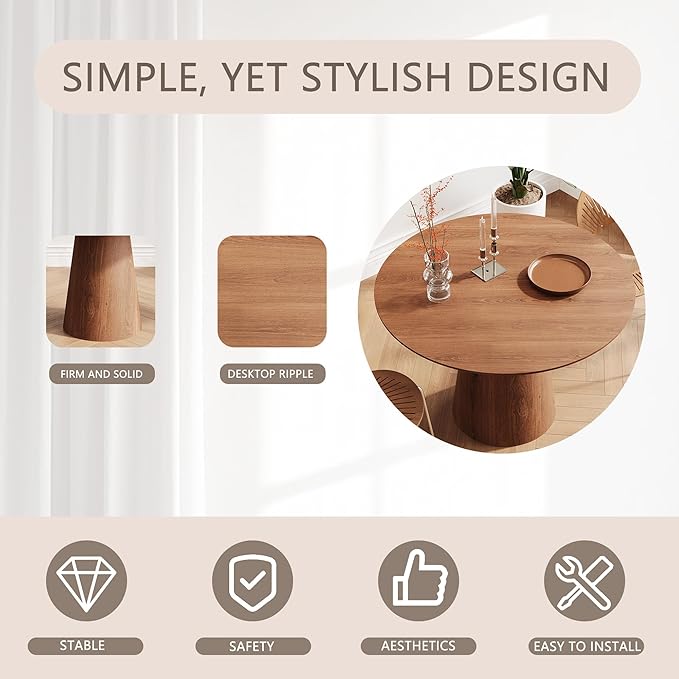 43'' Round Dining Table for 4, Modern Wood Farmhouse Kitchen Table with Sturdy Cylindrical Pedastal, Dinner Tables for Dining Room, Living Room Walnut