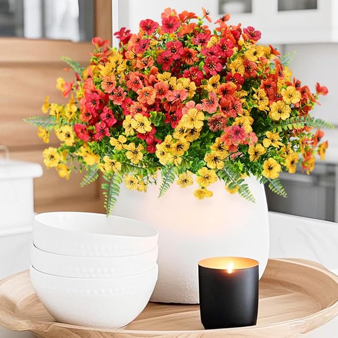 Artificial Faux Plants Flowers Outdoor Decoration,18 Bundles Fake Silk Colorful Daisy Eucalyptus Realistic UV Resistant for Outside Home Planter Porch Patio Yard Decor (Yellow Red)