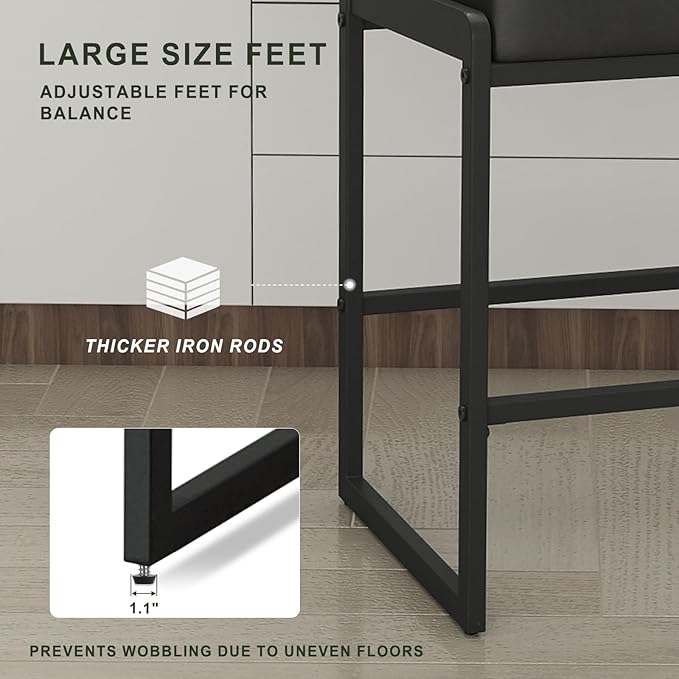 Mid Century Modern Counter Height Bar Stools Set of 3, 26" Bar Height Chairs with Backs, Upholstered Counter Stools, Metal Barstools for Kitchen Island (Black- Faux Leather, 26"H - Set of 3)