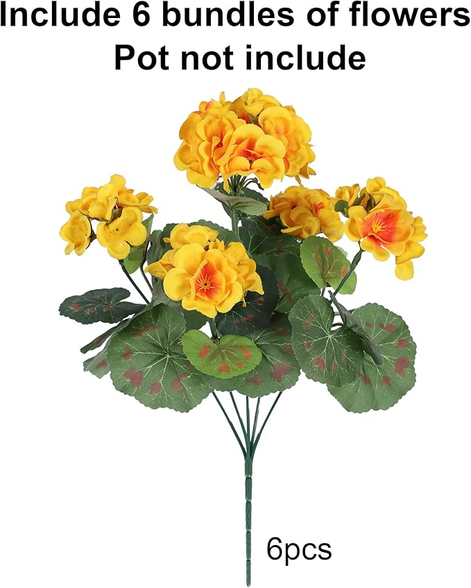 Fake Geraniums Artificial Flowers for Outdoors Fall Autumn Decoration, 6 Bundles Silk Geraniums UV Resistant Look Real Yellow Faux Flowers Plants for Front Door Garden Planter Patio Balcony Yard Home