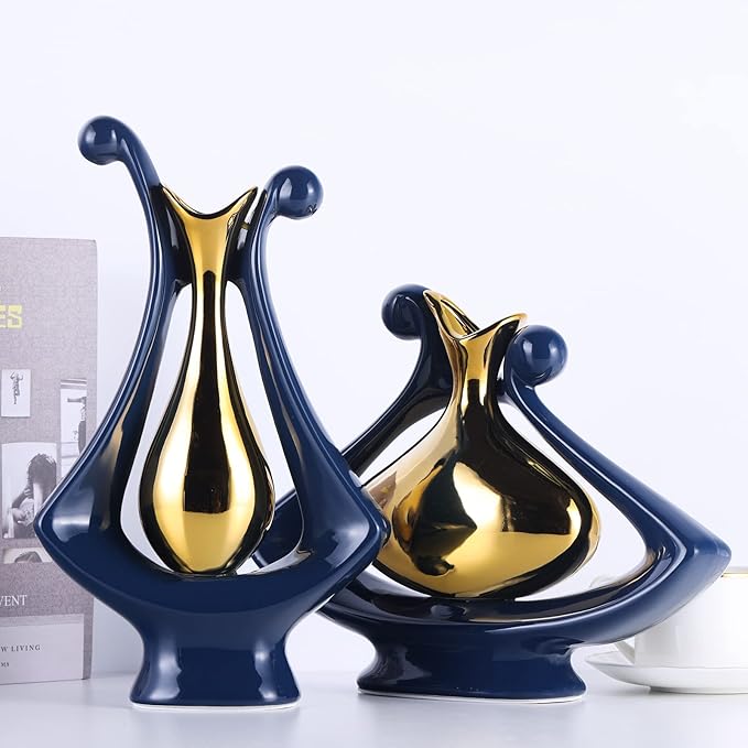 Navy Blue Gold Abstract Art Ceramic Vases for Home Décor Accent,Nordic Modern Minimalist Vases for Flowers,Shelf,Table Centerpieces,Bookshelf,Fireplace Mantle,Rustic,Wedding,Mid Century Décor
