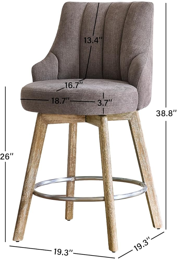 Counter Height Bar Stools,Swivel Bar Stools with Backs,Barstools Set of 4,26'' Solid Wood Legs,Thick Seat Upholstered Linen Fabric Counter Height Stools in Grey