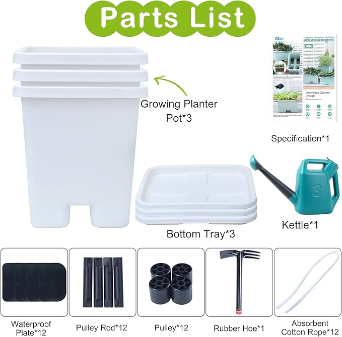 Growing Vegetable Planter Pot 3 Packs, 15 * 14.2 Inches Deep Rectangle Pots for Vegetable Fruit Flower, Large Planters with Trays, for Patio Garden Balcony Home Porch Yard Indoor Outdoor (White)