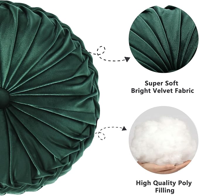 HIG Set of 2 Decorative Round Pleated Throw Pillows, Classy Accent Pumpkin Throw Pillows with Center Button, Vintage Velvet Floor Pillows for Sofa Vanity Chair Bed, Emerald, 14.5" Diameter(Ripple)