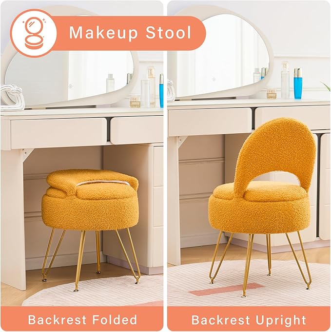 Storage Ottoman Vanity Stool Chair with Folding Back Teddy Velvet Makeup Chair Multifunctional Upholstered Footstool for Bathroom Vanity Bedroom Living Room Entryway
