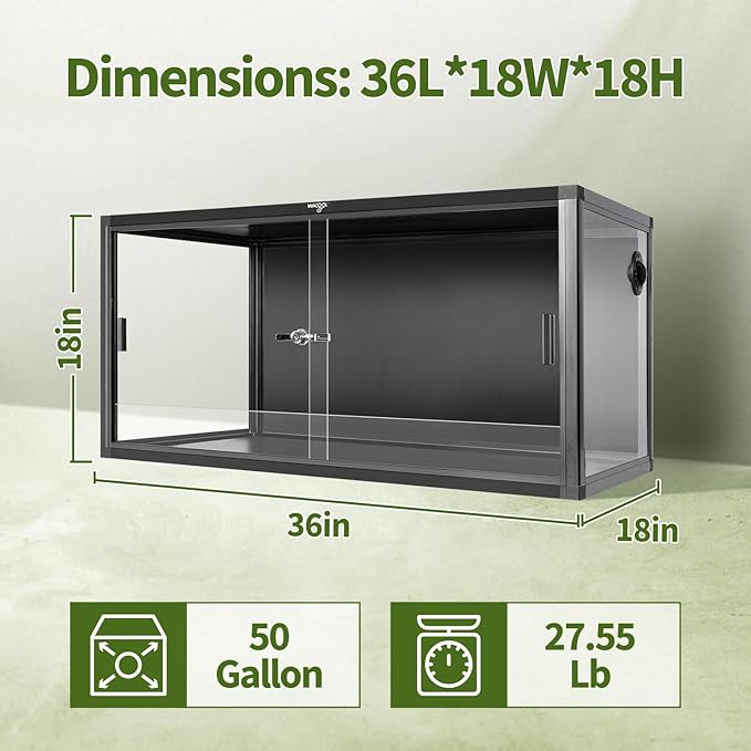 50 Gallon Reptile Tank, Large Terrarium for Bearded Dragons, Snakes, Leopard Geckos, Sliding Door & Top Ventilation, 36" x 18" x 18" Easy-to-Maintain Reptile Enclosure