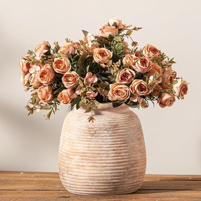 Ceramic Flowers Rustic Vase, Neutral Pottery Farmhouse Vases Home Decor, 7.48" Terracotta Pampas Decorative Vase for Table Entryway Mantel Bookshelf Bedroon Bathroom Living Room