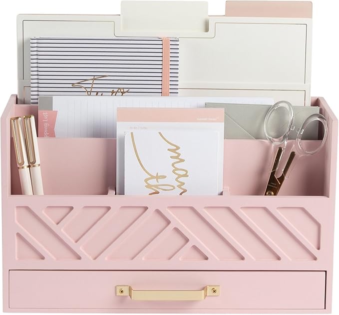 BLU MONACO Pink Wooden Desk Organizer with Storage Drawer and Gold Handle – Cute Office Supplies Holder – Mail Storage for Desktop at Home, Office, or Workspace