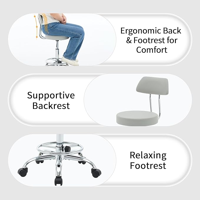 Drafting Stool (Height Adjustable Office Chair with Footrest 19.5"-26.6")(Drum Stool with Back) Space Saving Tattoo Chair (Gray)