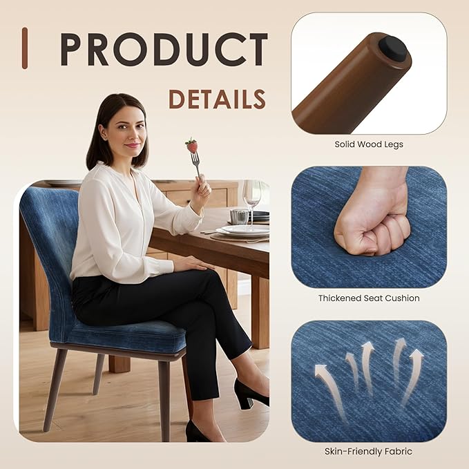 Modern Dining Chairs Set of 4, Upholstered Kitchen Chairs with High Back, Padded Fabric Dining Room Chair with Solid Wood Legs for Restaurant/Cafe/Home, Blue